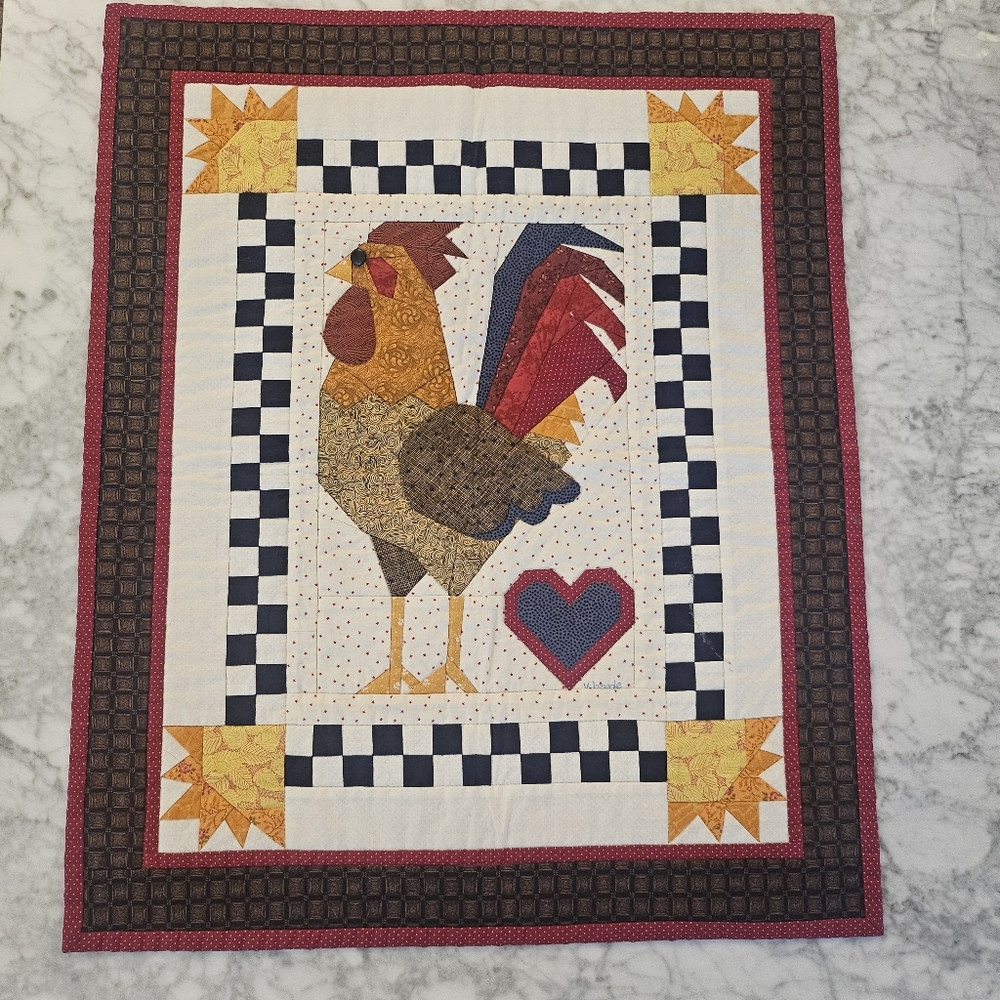 Quilted wall hanging tapestry rooster chicken sunshine heart signed